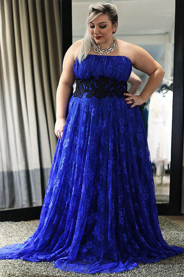 Elegant Straps Blue Lace Sleeveless A-Line Floor-Length Zipper Plus Size Prom Dresses uk PH223