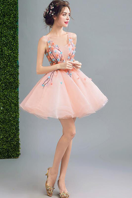 A Line Orange Cheap Ball Gown  Spaghetti Straps Above Knee Flowers Homecoming Dresses uk PH959