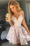 Cute Spaghetti Straps High Low V Neck Pearl Pink Lace Appliques Homecoming Dresses uk PH843