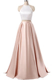 Simple Two Pieces Pink Halter Long Sleeveless Pleated Backless A-Line Prom Dresses UK PH366