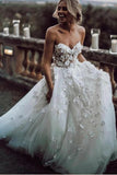 Charming Ball Gown Sweetheart Strapless 3D Flowers Tulle Off White Wedding Dress W1125