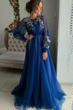 Charming A Line Long Sleeve Tulle Appliques Prom Dresses, Long Evening Dresses P1514