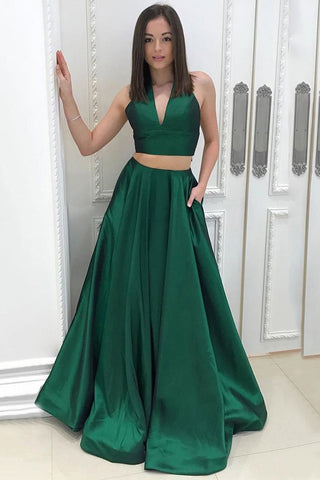 A Line Two Piece Satin V-neck Green Princess Floor-length with Pockets Prom Dresses PH619
