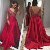 Elegant Mermaid Long Red Long Sleeve Beading V-Neck Lace Satin Backless Prom Dresses PH851