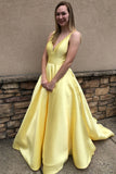 Princess A Line Deep V Neck Yellow Long Satin Backless Evening Dresses,Prom Dresses uk PH962