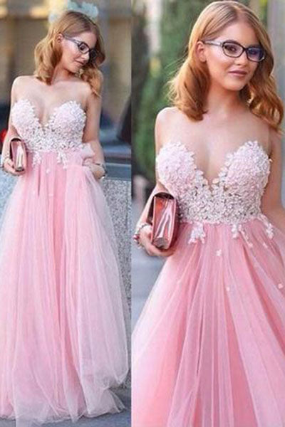 Pink Tulle Scoop Neck Princess Sweetheart Floor-length with Appliques Lace Prom Dresses uk PM807
