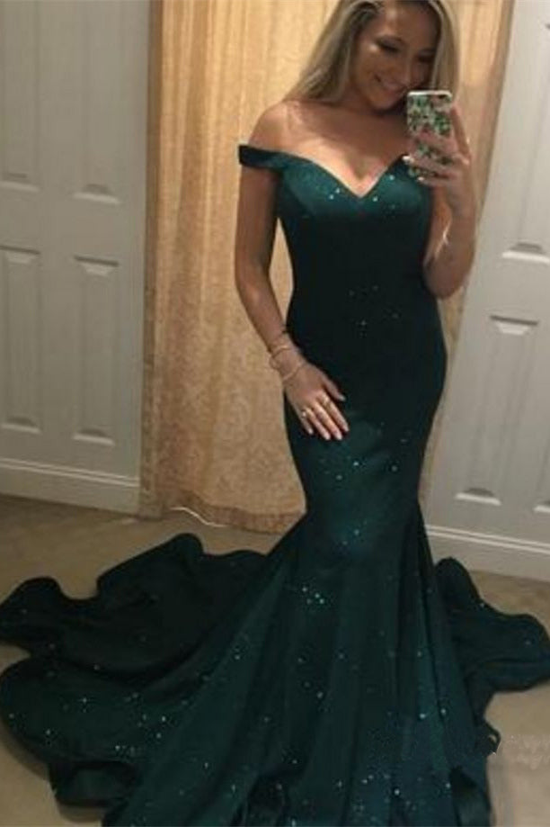 Charming Off-the-Shoulder Green Mermaid Sweetheart Beads Prom Dresses UK PH382