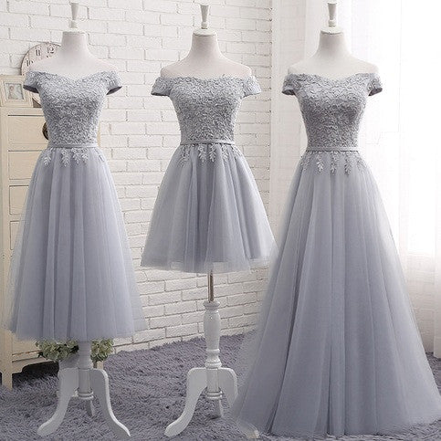 Cute A line Gray Lace Off Shoulder Lace-up Prom Dress with Appliques,Graduation Dresses,PM105