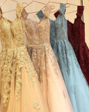 Charming Off the Shoulder Lace Appliques Gold Prom Dress Long Party Dress P1336