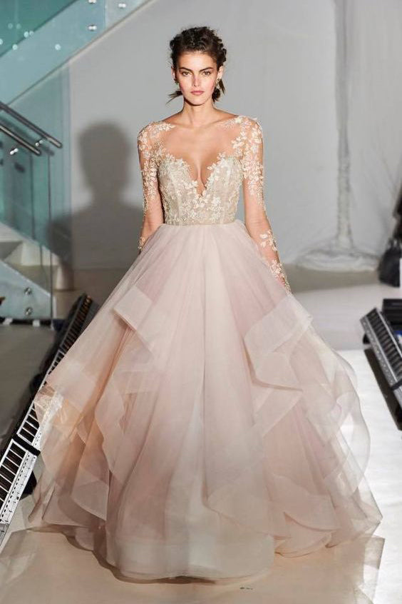 Fashion Ball Gown Lace Sheer Illusion Tulle Backless Long Sleeveless Asymmetrical Wedding Dress PM409