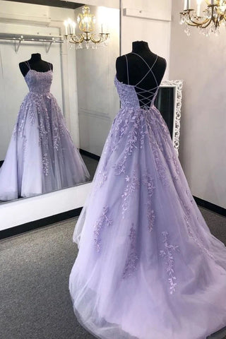 Elegant Ball Gown Lavender Spaghetti Straps Lace up Prom Dress with Appliques P1548