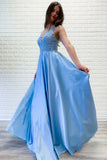 Flowy A Line V-Neck Blue Satin Open Back Lace Prom Dress P1292