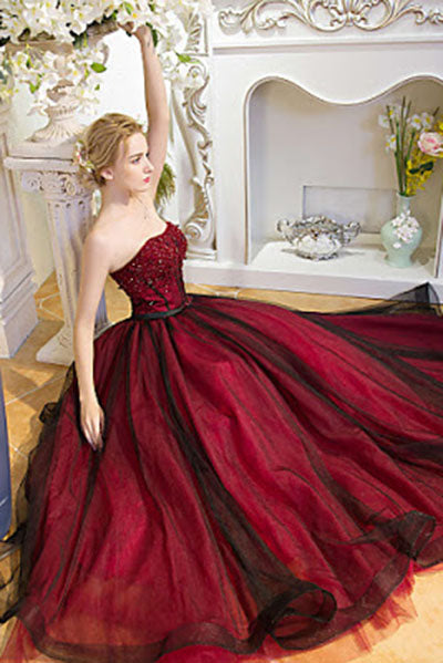 Strapless Beads Tulle Ball Gown Backless Black Burgundy Prom Dress