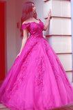 Princess Fuchsia Tulle Off-the-Shoulder Ball Gown Sweetheart Lace Appliques Prom Dresses uk PH262