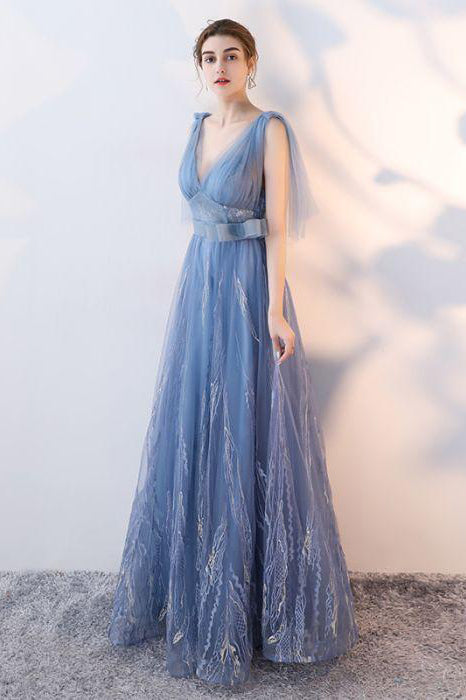Chic A-Line V-Neck Tulle Blue Modest Sleeveless Backless Long Floor-Length Prom Dresses uk PH175
