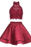 Princess Halter 2 Piece A-line Open Back Sleeveless Lace Mini Short Homecoming Dress PM246
