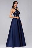 Halter Sequin Navy Blue Prom Dress Backless Satin Long Evening Dress P1173