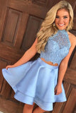 Two Piece Round Neck Short Tiered Satin Blue Open Back Homecoming Dress with Lace PM259
