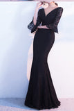 Elegant Black Lace Popular V-Neck Half Sleeve Sexy Mermaid Lace up Prom Dresses uk PH246