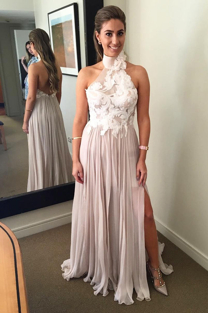 Elegant Halter Backless A-Line Chiffon Pink Appliques Bodice Split Sleeveless Prom Dresses uk PH261