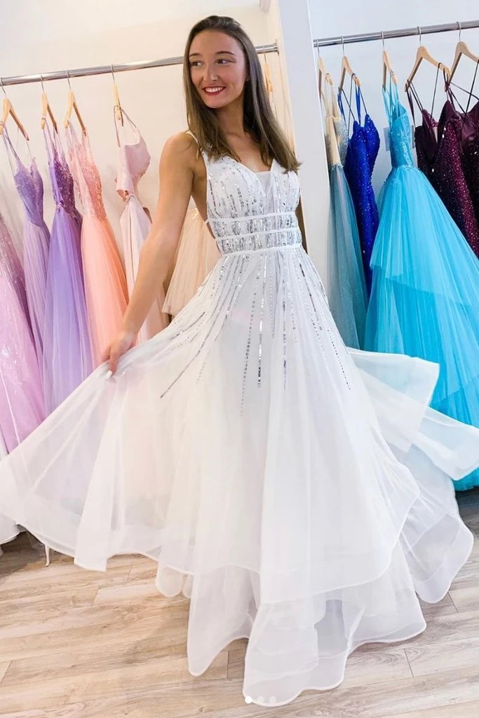 Puffy White V Neck Tulle Sequins Long Prom Dress A Line Backless Evening Dresses P1277