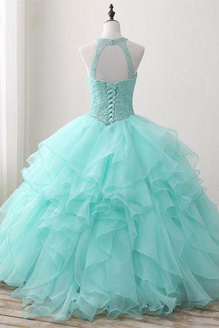 Ball Gown Long Green Sleeveless Open Back Lace up Beads High Neck Prom Dresses uk PM422