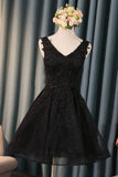 Black V Neck Cute A-Line Appliques Sleeveless Tulle Lace Beading Short Homecoming Dress PM189