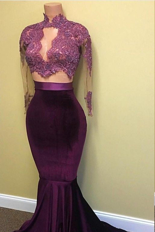 Elegant Two Piece Mermaid Long Sleeves High Neck Floor-Length Prom Dress