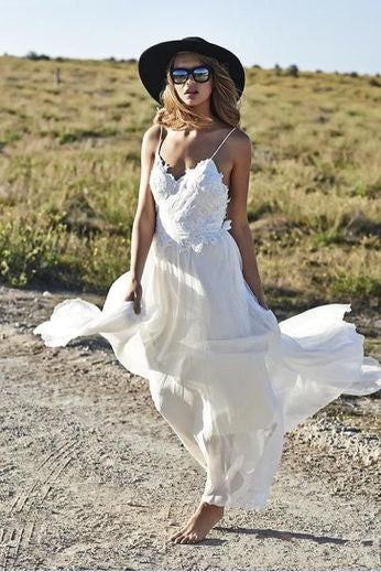 Boho Sexy Ivory Simple Backless Lace Beach V Neck Long Wedding