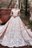 2018 A-Line Off the Shoulder Ball Gown Court Train Tulle Appliques Wedding Dresses PH537