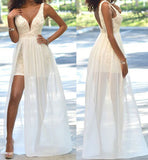 Cheap Popular Backless Sleeveless V-Neck Simple Ivory Lace Side Slit Chiffon Prom Dresses uk PH188