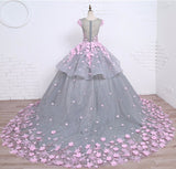 Scoop Ball Gown Gray Tulle Sleeveless Bowknot Empire Waist Wedding Dress with Pink Flowers PM576