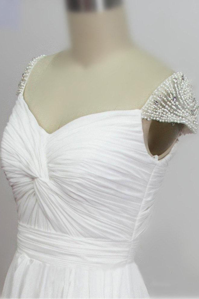 Cheap Sweetheart Beading Cap Sleeve Beads Chiffon A-Line Open Back Ruffles Wedding Dress PM863