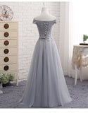 Cute A-Line Gray Lace Off the Shoulder Tulle Lace-up Appliques Sweetheart Prom Dresses PM133