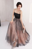 A Line Scoop Spaghetti Straps Black Tulle Prom Dresses, Long Evening Dresses PW824