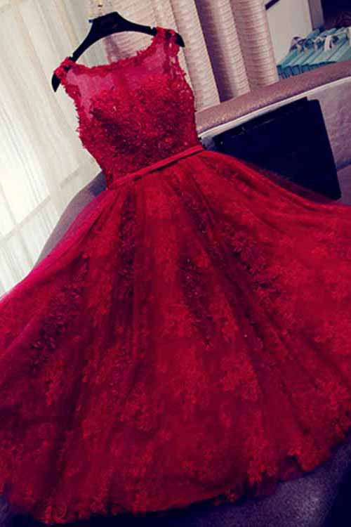 Fashion A-Line Scoop Sleeveless Red Long Homecoming Dress With Appliques PM14