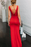 Spaghetti Straps Red Mermaid V Neck Prom Dress with High Slit P1269