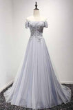 Dusty Blue A-Line Off-the-Shoulder Tulle Lace up Prom Dresses uk with Appliques Lace PM956