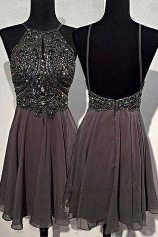 A-line Round Neck Chiffon Beaded Short Grey Backless Prom Homecoming Dress