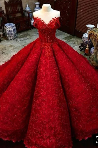 Ball Gown Red V Neck Long Off the Shoulder Prom Dresses, Quinceanera Dresses P1445