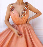Charming Orange 3D Flowers Long Prom Dress V-Neck Tulle Evening Dress P1221