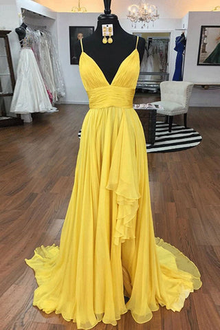 Simple Spaghetti Straps A Line Yellow Ruffles V Neck Prom Dresses, Evening Dresses P1333