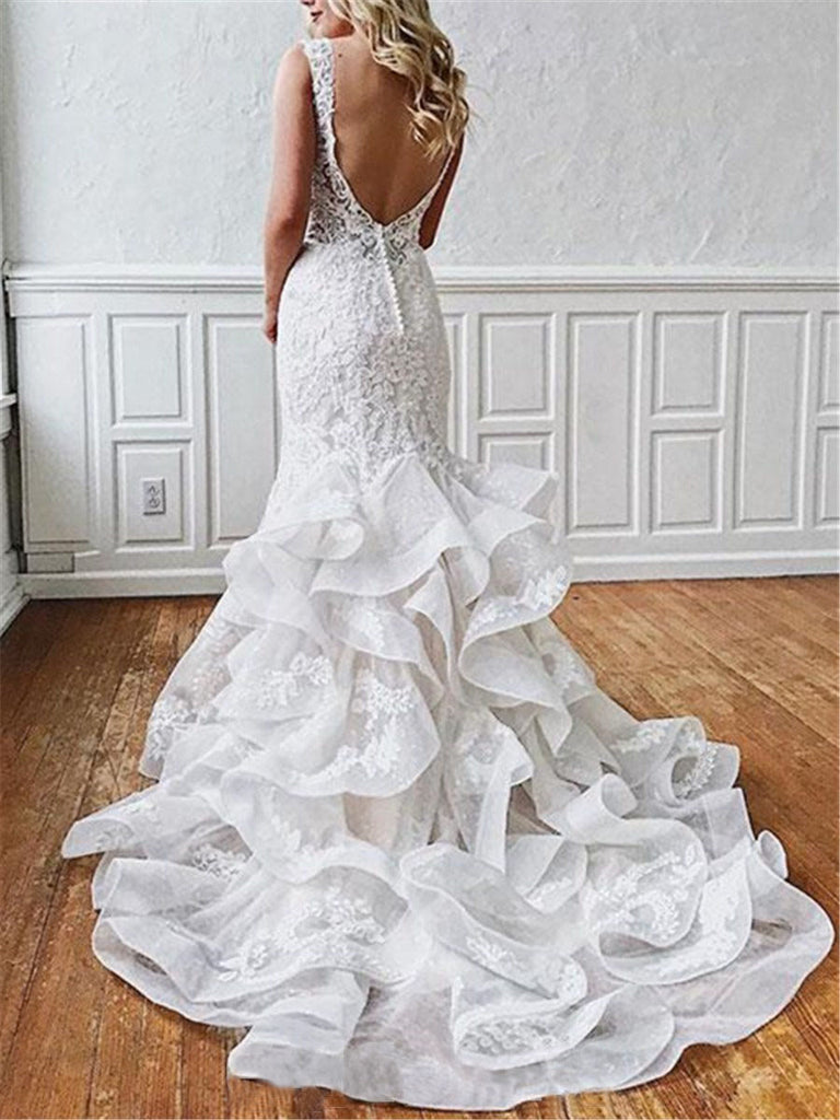 Gorgeous V Neck Backless Straps Mermaid Lace Wedding Dresses