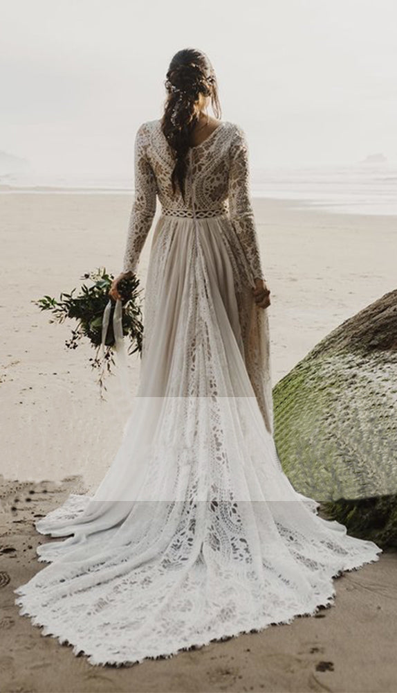 Charming A Lines Long Sleeves V Neck Lace Ivory Beach Wedding Dresses ...