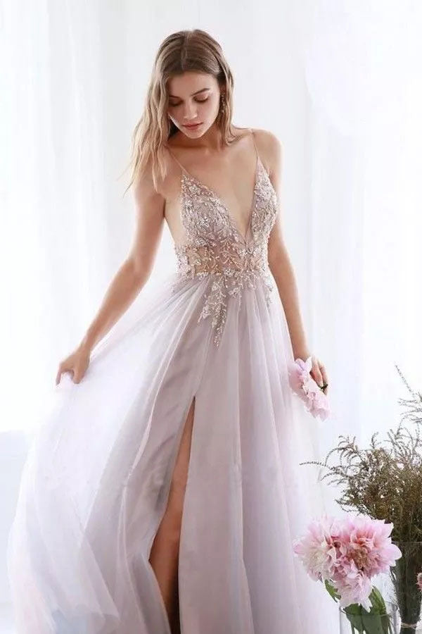 A Line Tulle V-Neck Applqiues Prom Dress With Slit Spaghetti Straps Long Formal Dress P1270
