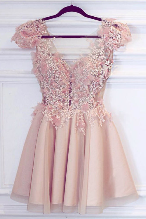 Cute Satin Pink Deep V Neck Appliques Short Prom Dresses, Homecoming Dresses PW943