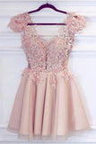 Cute Satin Pink Deep V Neck Appliques Short Prom Dresses, Homecoming Dresses PW943
