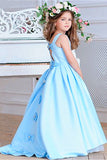 Princess A Line Sky Blue Satin Flower Girl Dresses with Bowknot, Baby Dresses FG1035