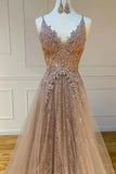 Sparkly Spaghetti Straps V-Neck Lace Appliques Prom Dress Long Evening Dress P1562