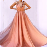 Charming Orange 3D Flowers Long Prom Dress V-Neck Tulle Evening Dress P1221